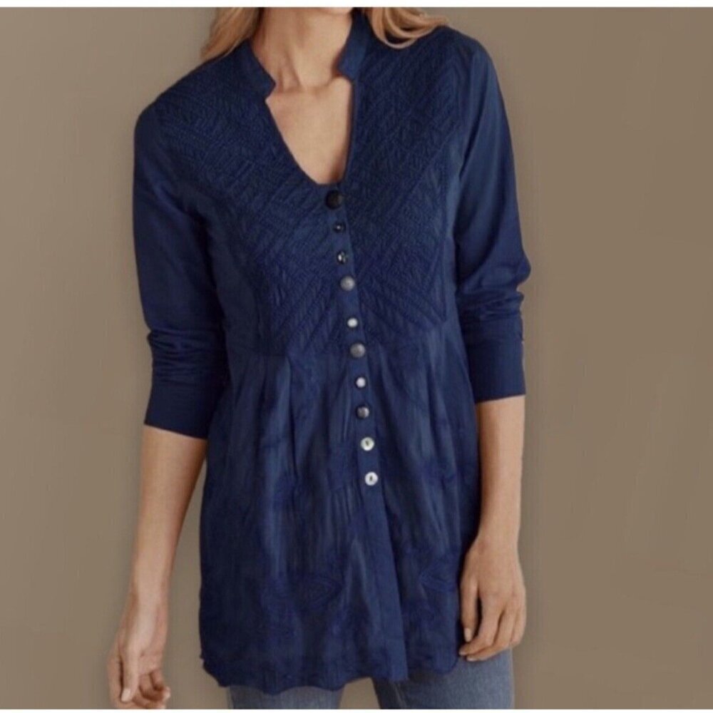 Soft Surroundings Embroidered Tunic Blouse Long sleeve Mix Buttons Size XS